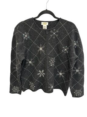 Talbots 100% wool zip front snowflake cardigan with bead embellishments Size L